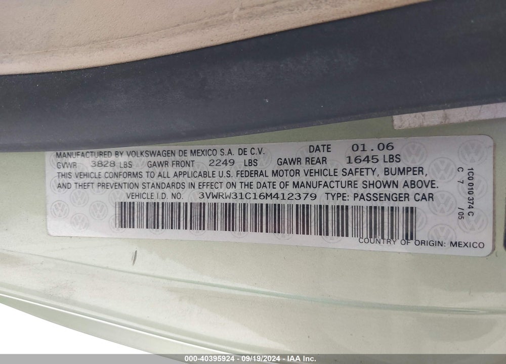 2006 VOLKSWAGEN NEW BEETLE 2.5 VIN: 3VWRW31C16M412379