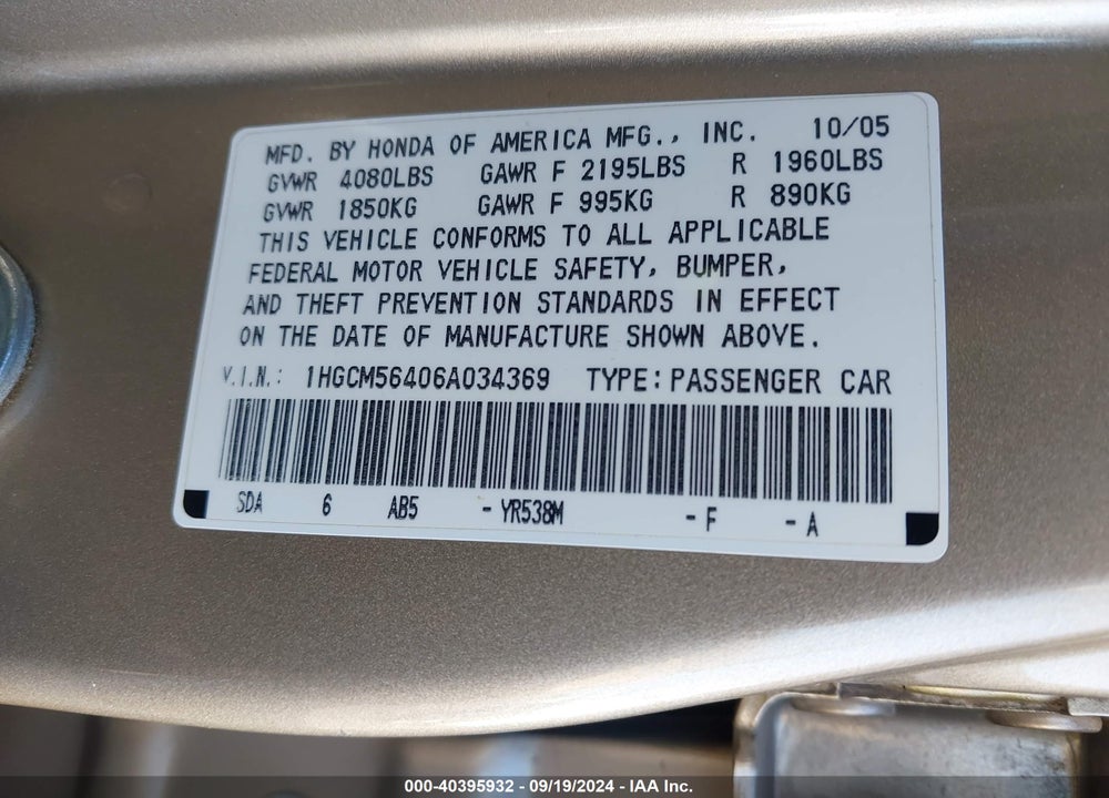 2006 HONDA ACCORD 2.4 LX VIN: 1HGCM56406A034369