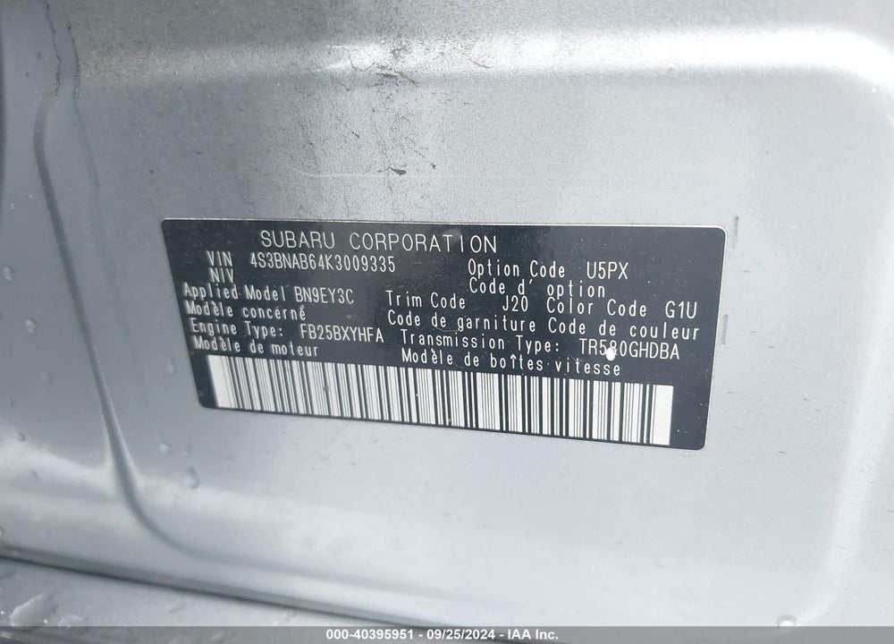 2019 SUBARU LEGACY 2.5I VIN: 4S3BNAB64K3009335