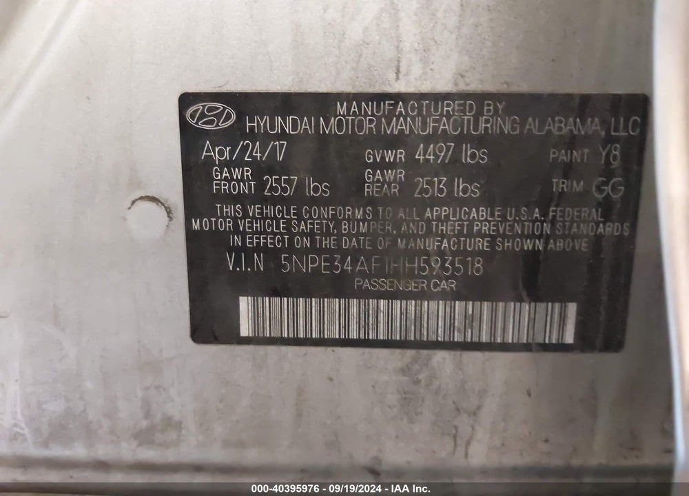 2017 HYUNDAI SONATA SPORT VIN: 5NPE34AF1HH593518
