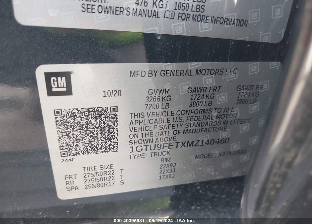 2021 GMC SIERRA 1500 4WD SHORT BOX DENALI VIN: 1GTU9FETXMZ140460