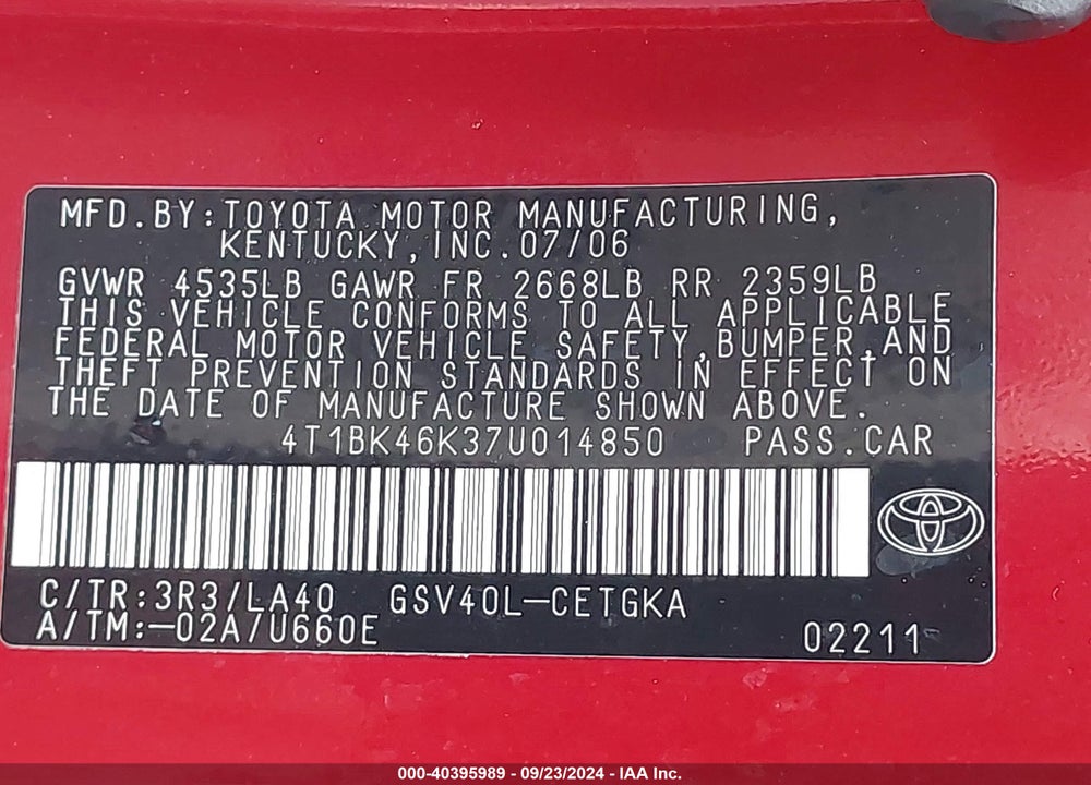 2007 TOYOTA CAMRY XLE V6 VIN: 4T1BK46K37U014850