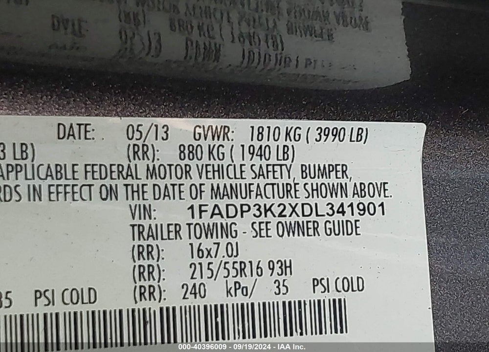 2013 FORD FOCUS SE VIN: 1FADP3K2XDL341901