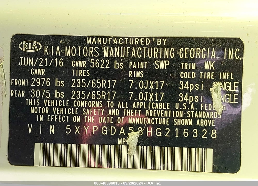 2017 KIA SORENTO 3.3L LX VIN: 5XYPGDA53HG216328