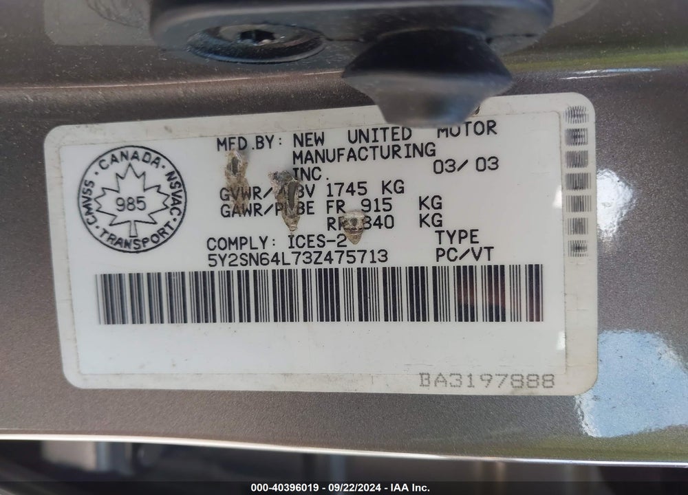 2003 PONTIAC VIBE GT VIN: 5Y2SN64L73Z475713