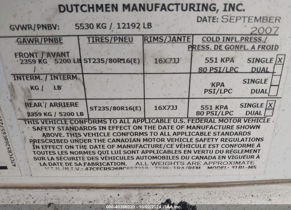 2008 DUTCHMEN OTHER VIN: 47CFCRS268C657219