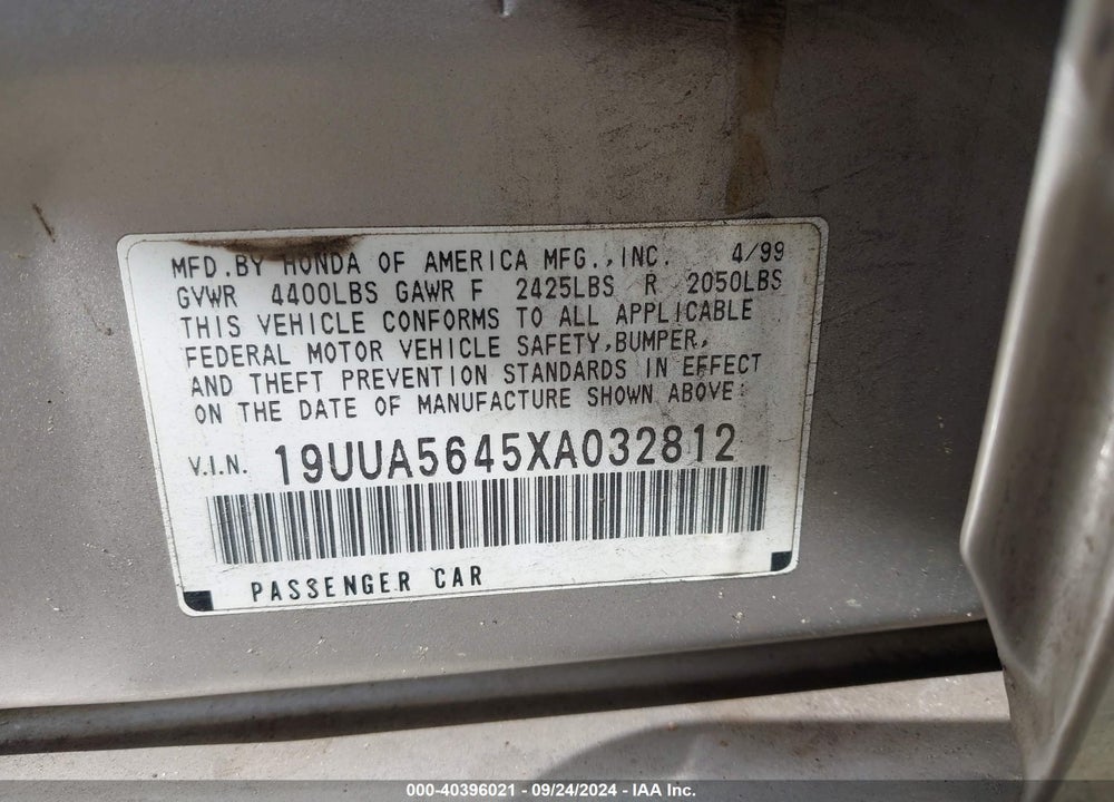 1999 ACURA TL 3.2 VIN: 19UUA5645XA032812