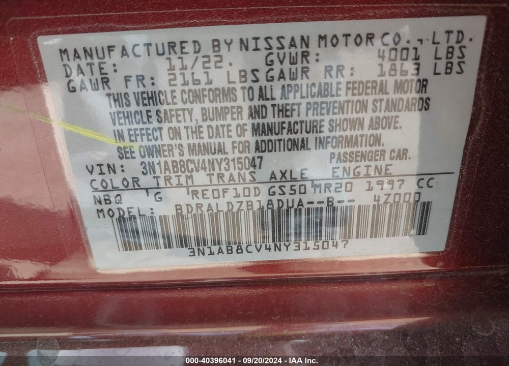 2022 NISSAN SENTRA SV XTRONIC CVT VIN: 3N1AB8CV4NY315047