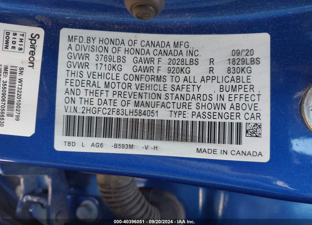 2020 HONDA CIVIC SPORT VIN: 2HGFC2F83LH584051