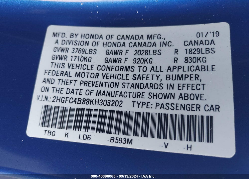 2019 HONDA CIVIC SPORT VIN: 2HGFC4B88KH303202
