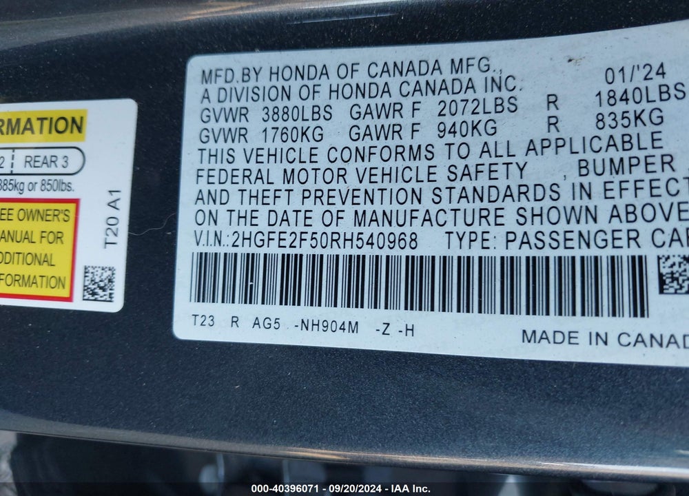2024 HONDA CIVIC SPORT VIN: 2HGFE2F50RH540968