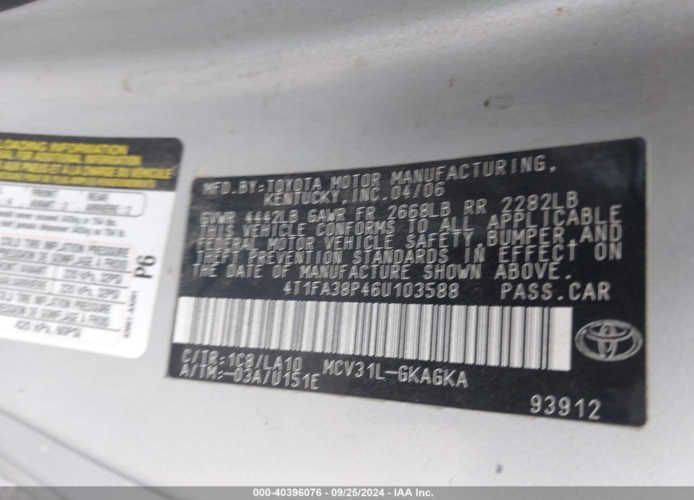 2006 TOYOTA CAMRY SOLARA SLE VIN: 4T1FA38P46U103588