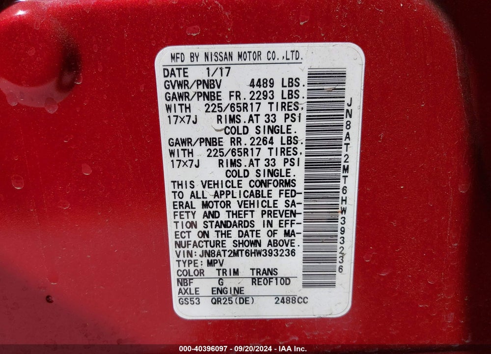 2017 NISSAN ROGUE SV VIN: JN8AT2MT6HW393236