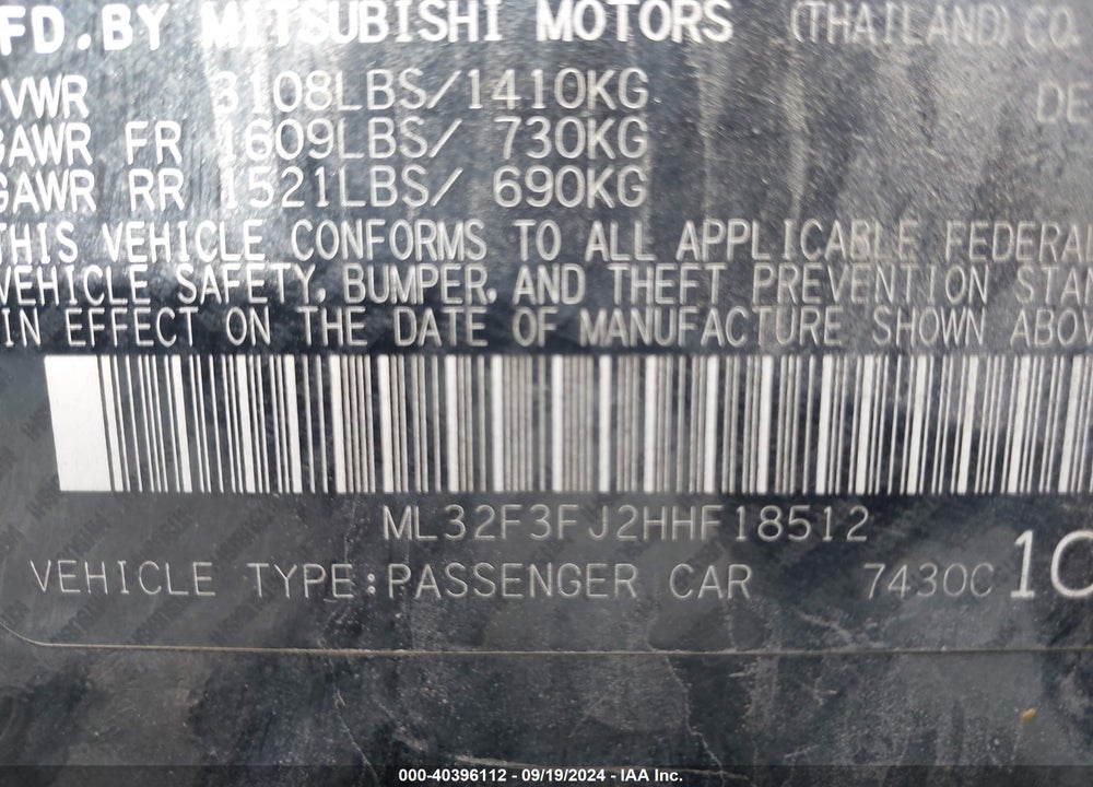 2017 MITSUBISHI MIRAGE G4 ES VIN: ML32F3FJ2HHF18512