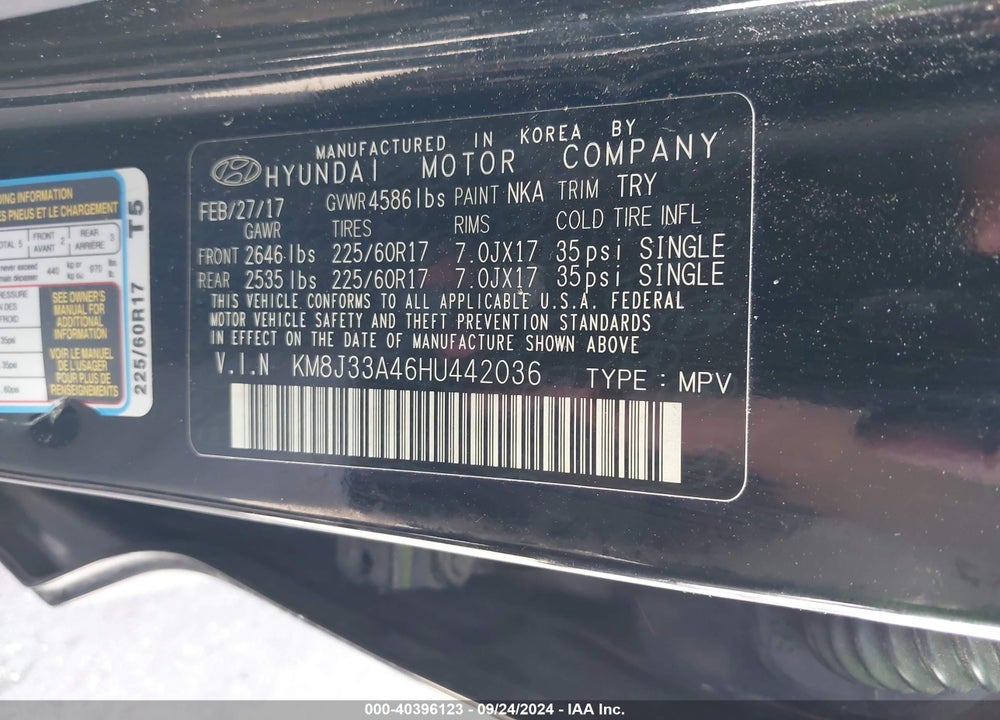 2017 HYUNDAI TUCSON SE VIN: KM8J33A46HU442036