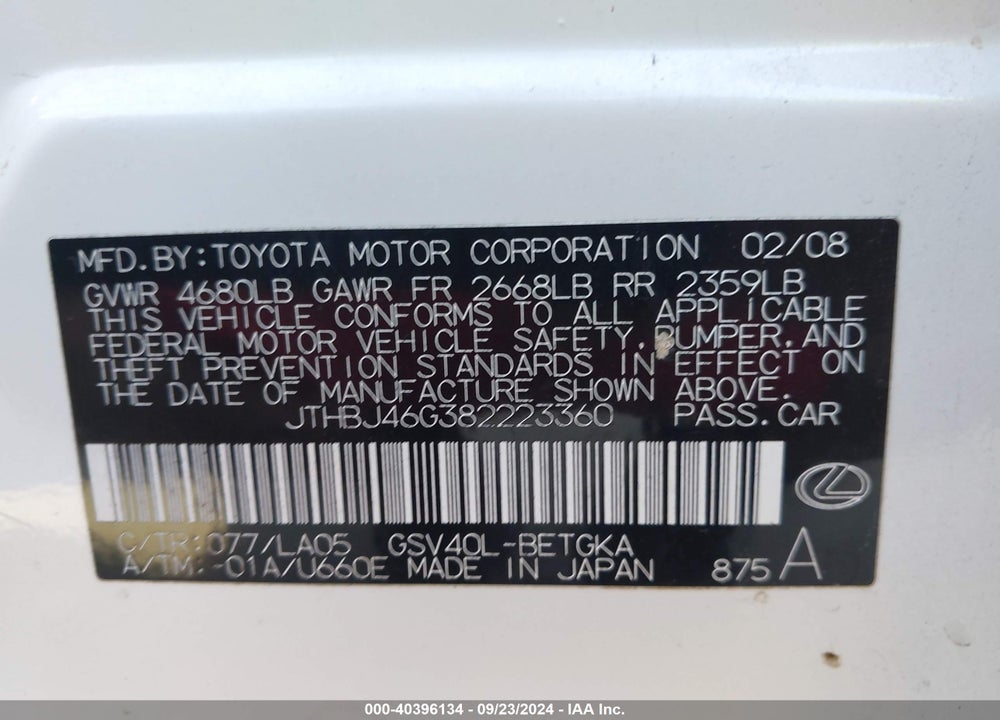2008 LEXUS ES 350 VIN: JTHBJ46G382223360