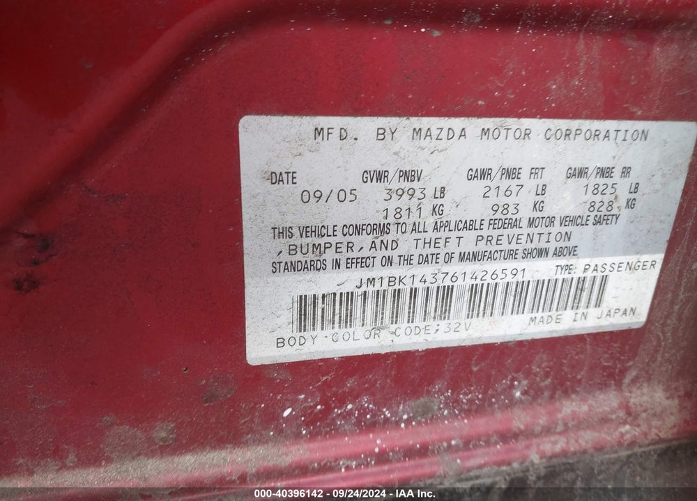2006 MAZDA 3 S VIN: JM1BK143761426591