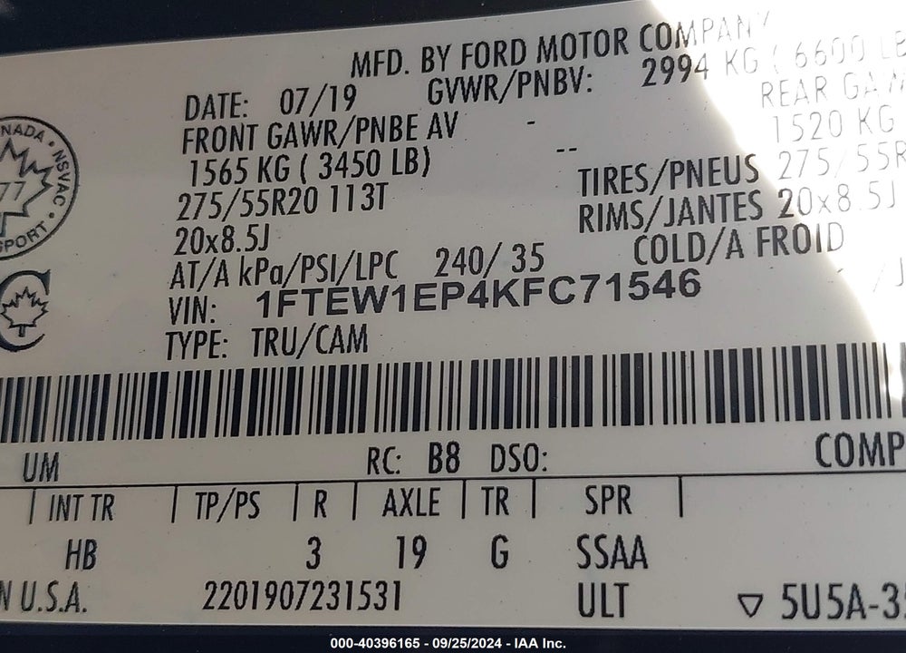 2019 FORD F-150 LARIAT VIN: 1FTEW1EP4KFC71546