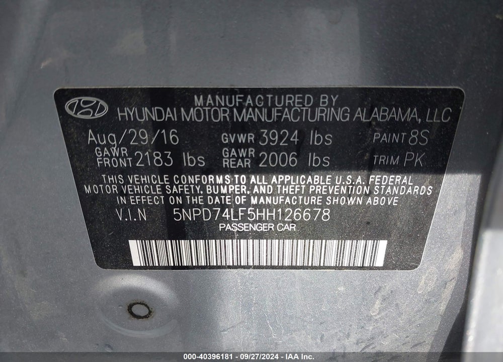 2017 HYUNDAI ELANTRA SE VIN: 5NPD74LF5HH126678