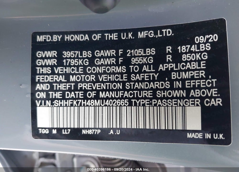 2021 HONDA CIVIC SPORT VIN: SHHFK7H48MU402665