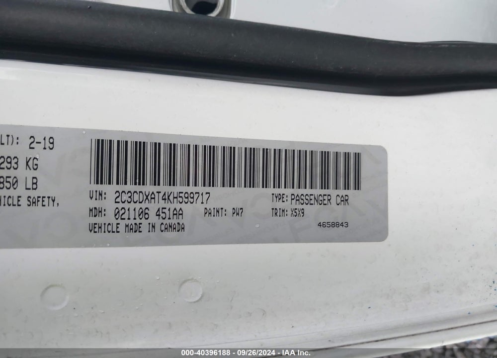 2019 DODGE CHARGER POLICE RWD VIN: 2C3CDXAT4KH599717