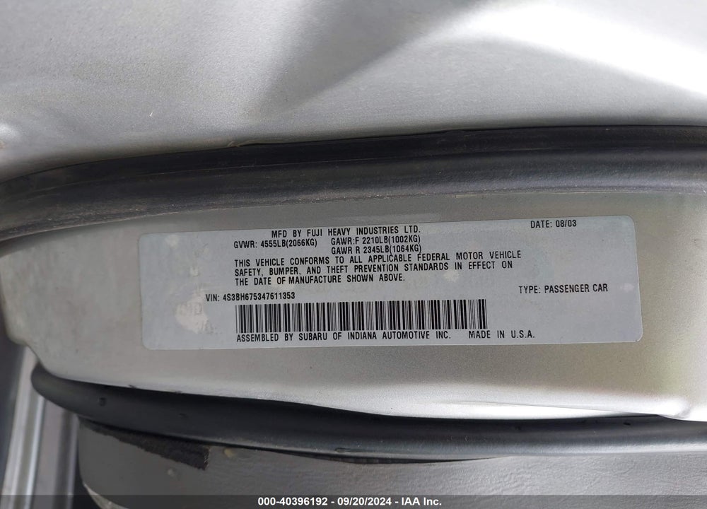 2004 SUBARU OUTBACK VIN: 4S3BH675347611353
