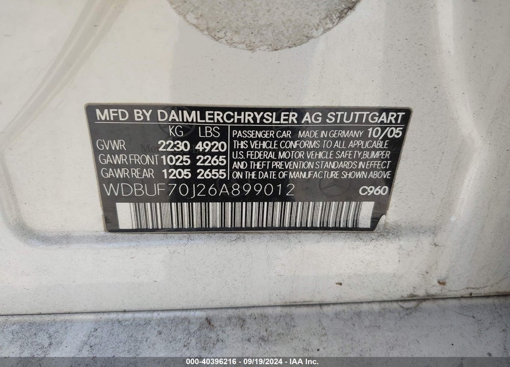2006 MERCEDES-BENZ E 500 VIN: WDBUF70J26A899012