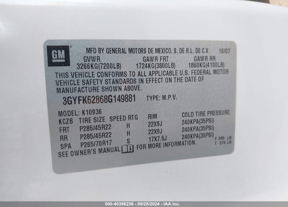 2008 CADILLAC ESCALADE EXT STANDARD VIN: 3GYFK62868G149881