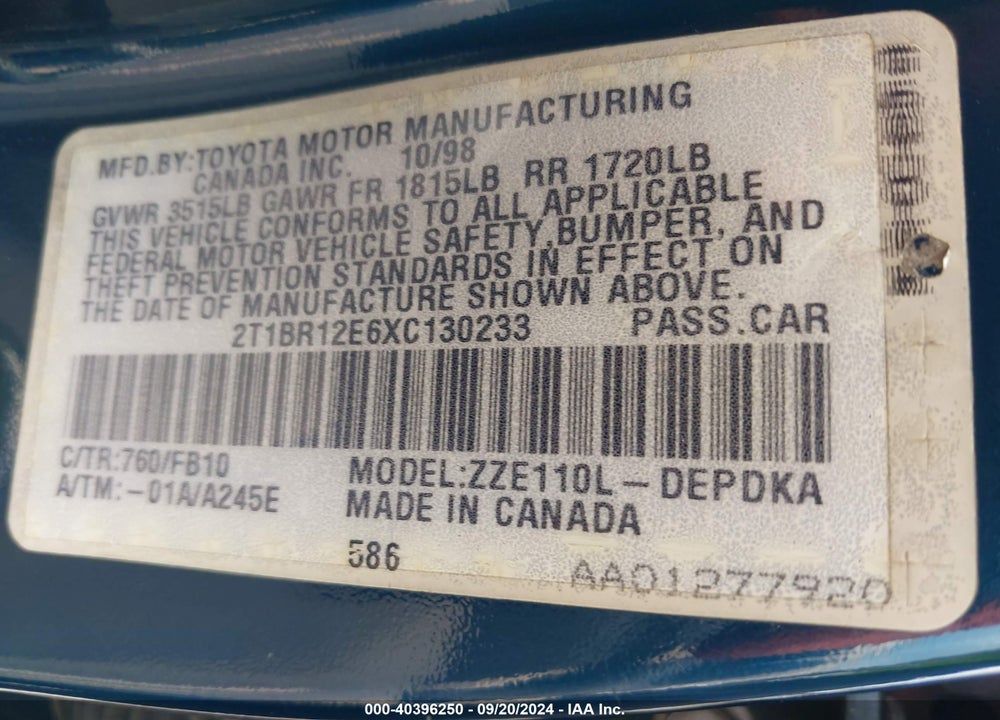 1999 TOYOTA COROLLA CE VIN: 2T1BR12E6XC130233