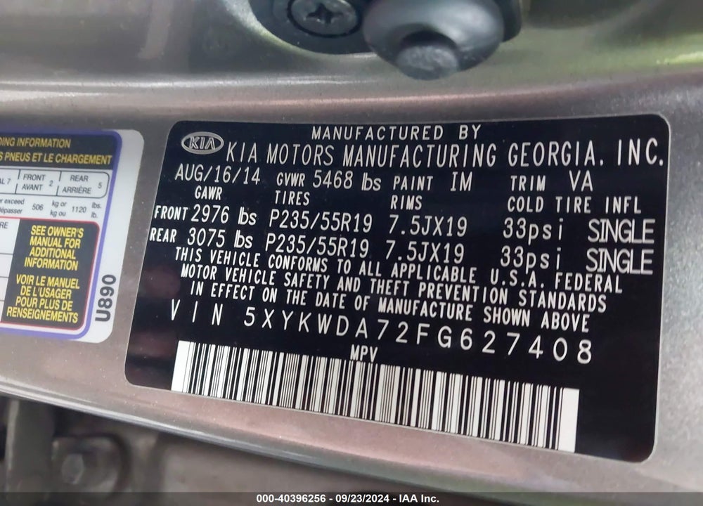 2015 KIA SORENTO SX V6 VIN: 5XYKWDA72FG627408