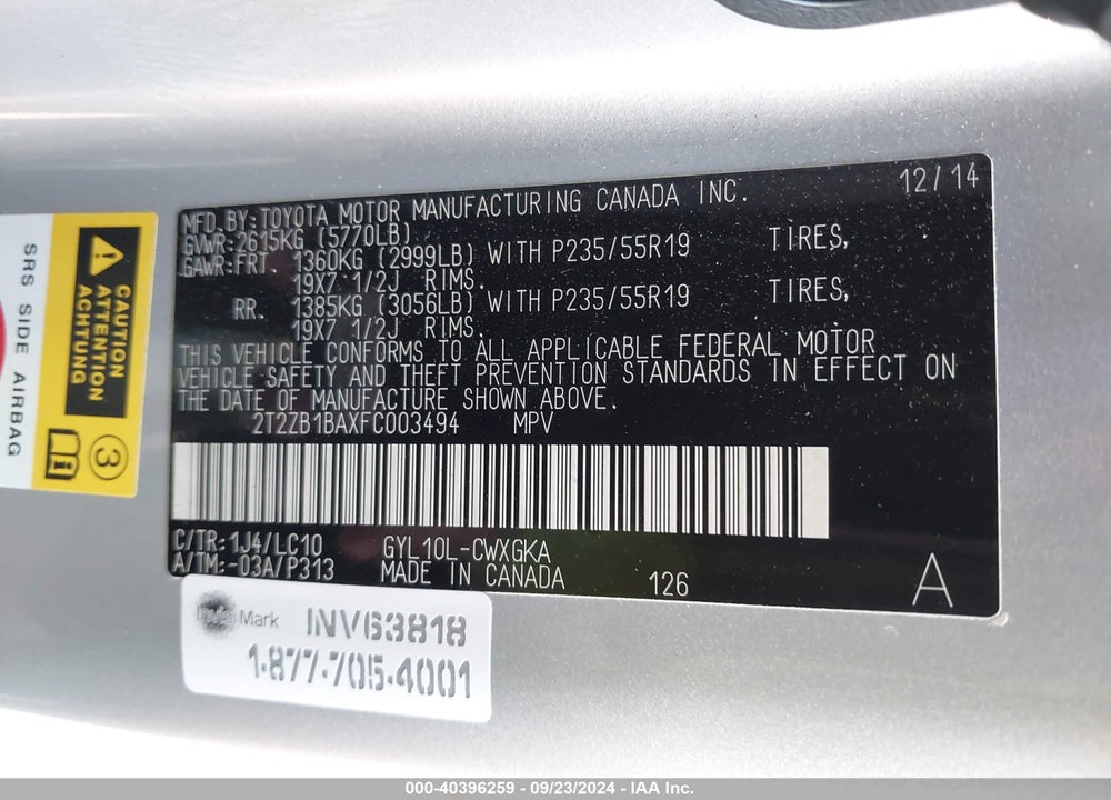 2015 LEXUS RX 450H VIN: 2T2ZB1BAXFC003494