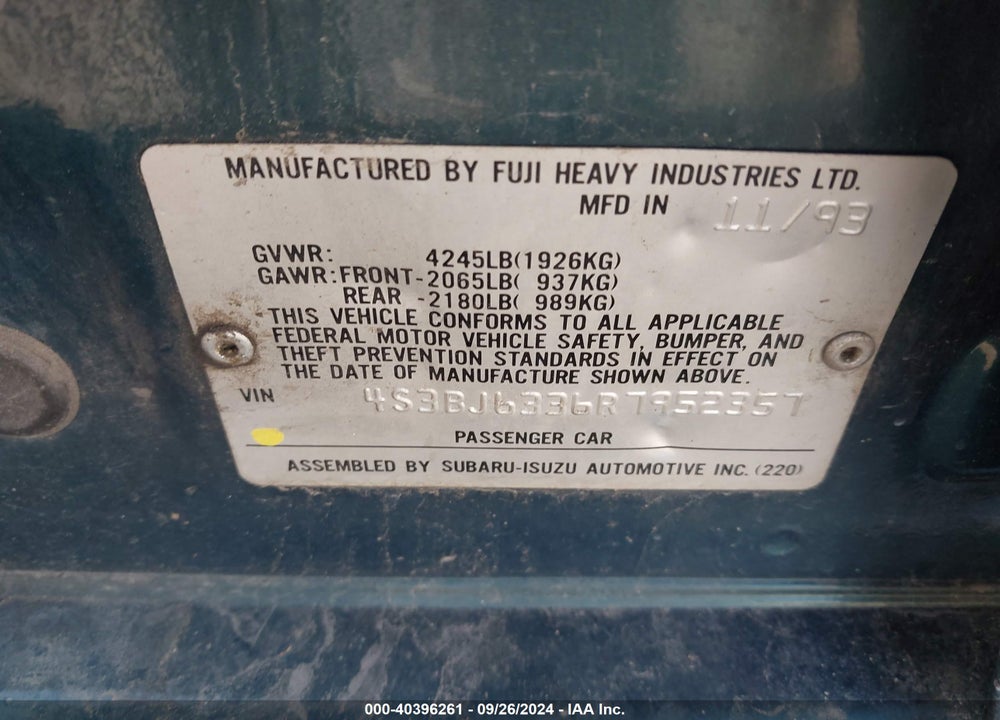 1994 SUBARU LEGACY L/L ALPINE VIN: 4S3BJ6336R7952357