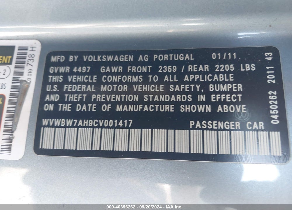 2012 VOLKSWAGEN EOS KOMFORT VIN: WVWBW7AH9CV001417
