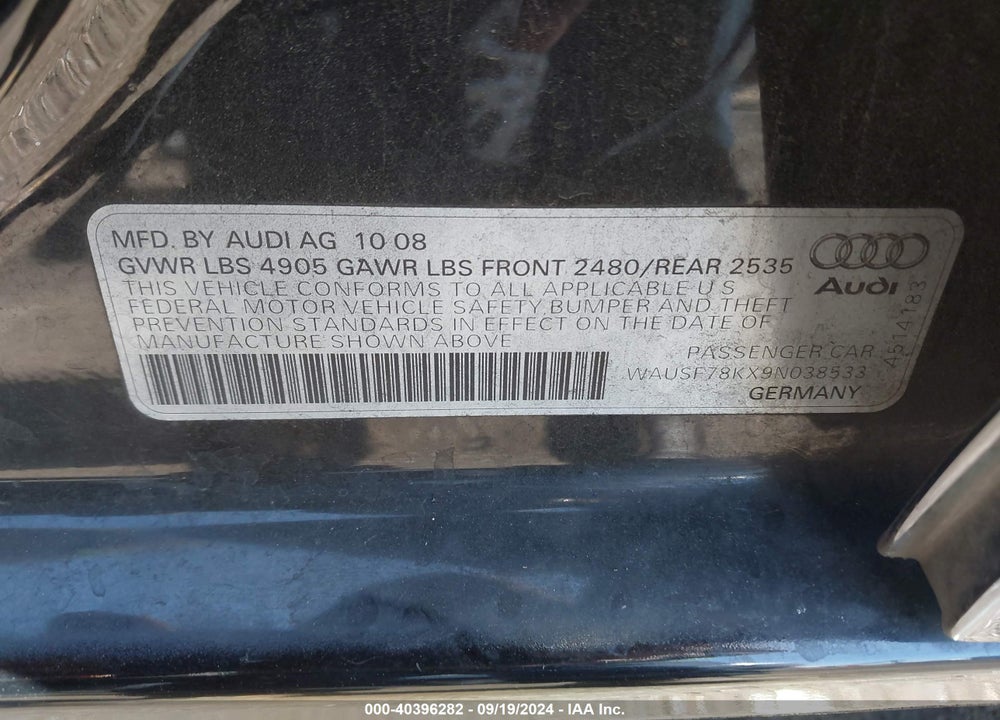 2009 AUDI A4 2.0T PREMIUM VIN: WAUSF78KX9N038533