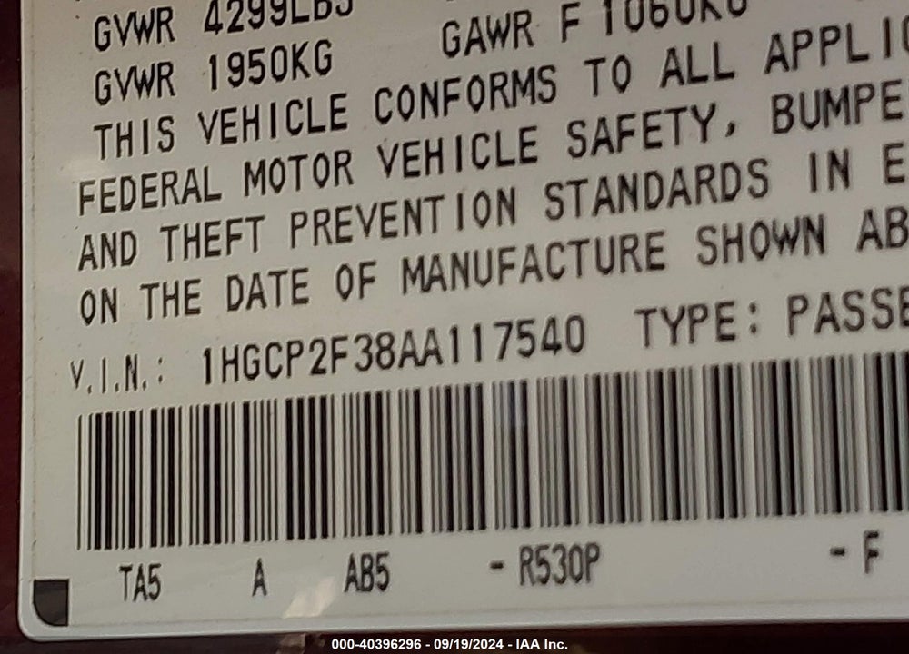 2010 HONDA ACCORD 2.4 LX VIN: 1HGCP2F38AA117540