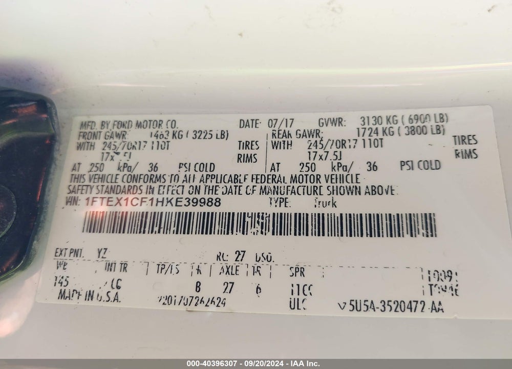 2017 FORD F-150 XL VIN: 1FTEX1CF1HKE39988