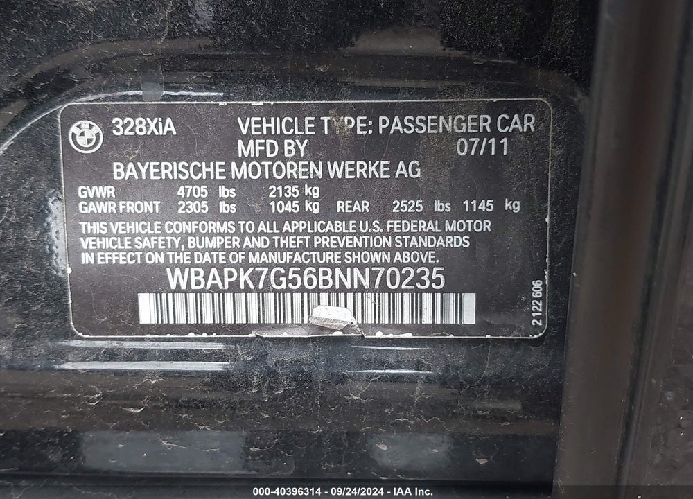 2011 BMW 328I XDRIVE VIN: WBAPK7G56BNN70235