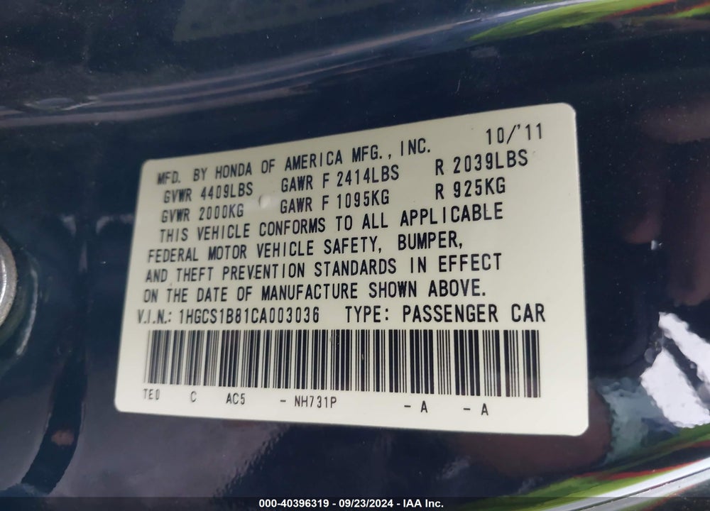 2012 HONDA ACCORD 2.4 EX-L VIN: 1HGCS1B81CA003036
