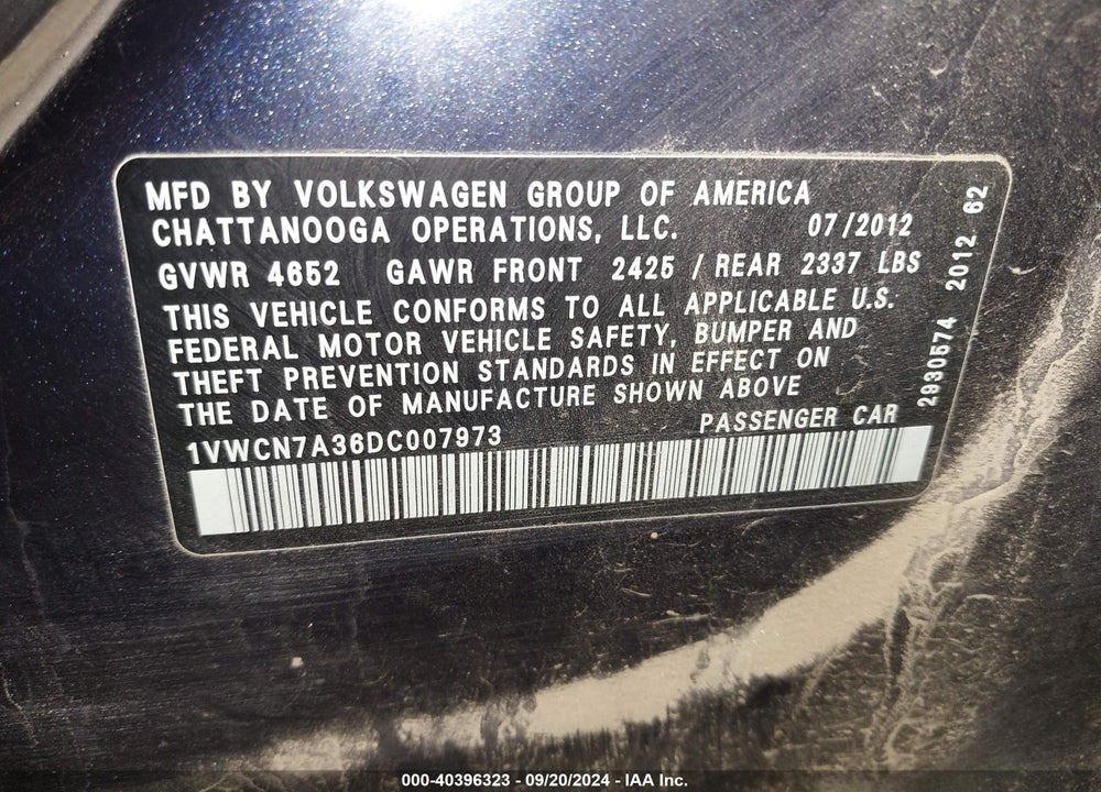 2013 VOLKSWAGEN PASSAT 2.0L TDI SEL PREMIUM VIN: 1VWCN7A36DC007973