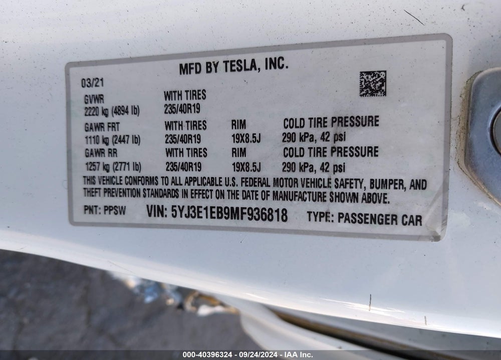2021 TESLA MODEL 3 LONG RANGE DUAL MOTOR ALL-WHEEL DRIVE VIN: 5YJ3E1EB9MF936818