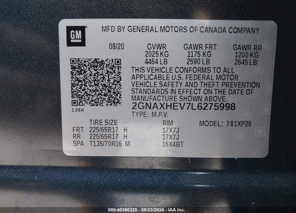 2020 CHEVROLET EQUINOX FWD LS VIN: 2GNAXHEV7L6275998