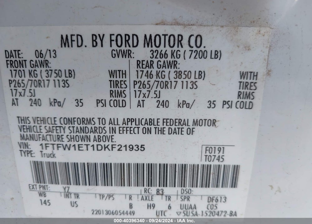 2013 FORD F-150 XL VIN: 1FTFW1ET1DKF21935