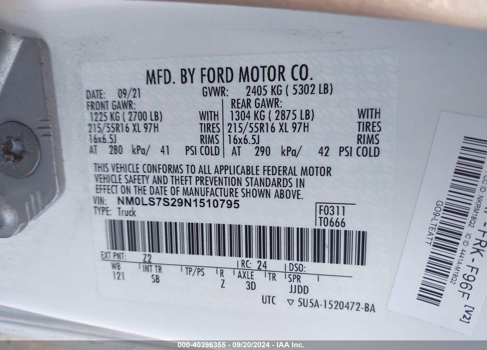 2022 FORD TRANSIT CONNECT XL VIN: NM0LS7S29N1510795