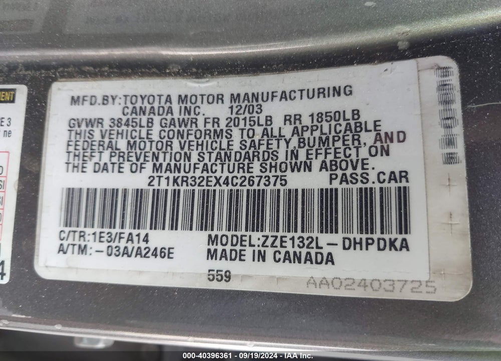 2004 TOYOTA MATRIX STANDARD VIN: 2T1KR32EX4C267375