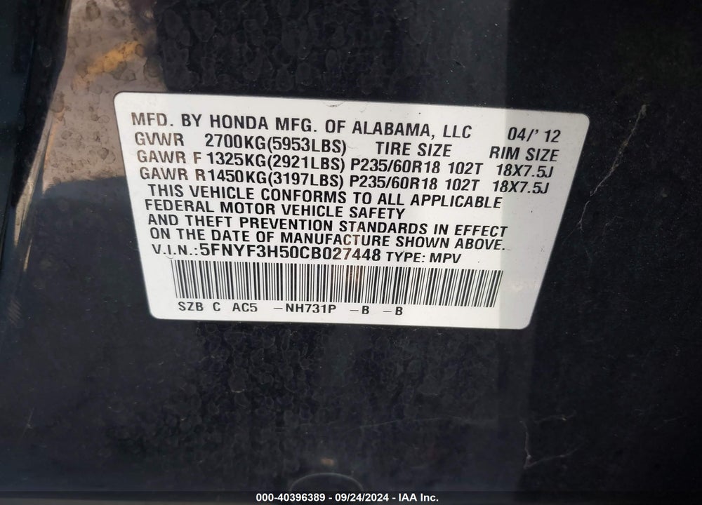2012 HONDA PILOT EX-L VIN: 5FNYF3H50CB027448