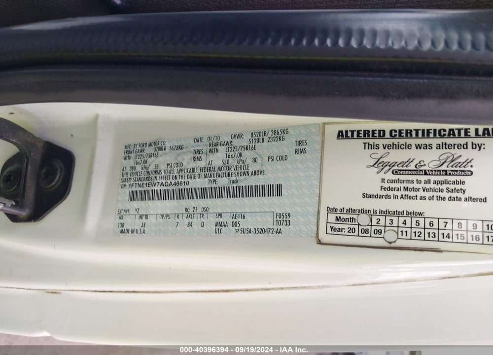 2010 FORD E-150 COMMERCIAL/RECREATIONAL VIN: 1FTNE1EW7ADA46610