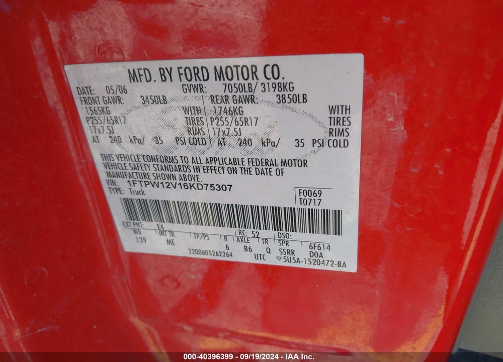 2006 FORD F-150 LARIAT/XLT VIN: 1FTPW12V16KD75307
