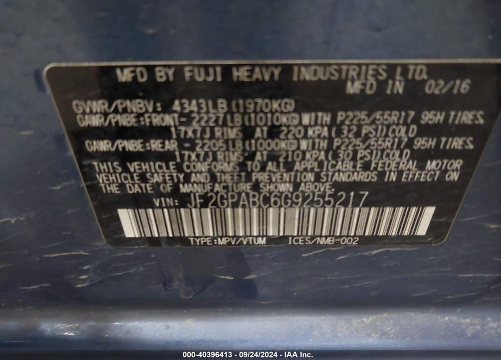2016 SUBARU CROSSTREK 2.0I PREMIUM VIN: JF2GPABC6G9255217