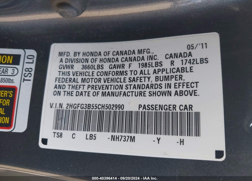 2012 HONDA CIVIC LX VIN: 2HGFG3B55CH502990