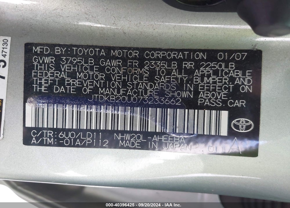 2007 TOYOTA PRIUS VIN: JTDKB20U073233662